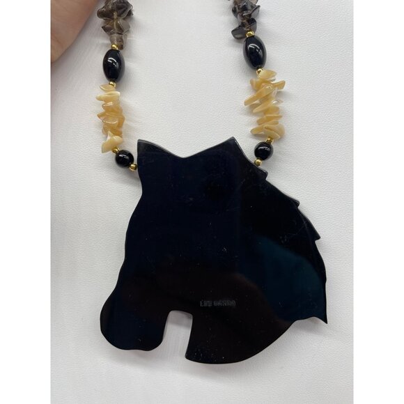 Zebra Pendant Necklace By Lee Sands With Mother Of Pearl Smokey Quartz 24" - Picture 7 of 9